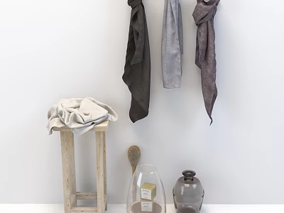 Minimalist Bathroom Accessories With Folded And Hanging Towels Wooden Stool Glass Bottle And Ceramic Jar 3d model