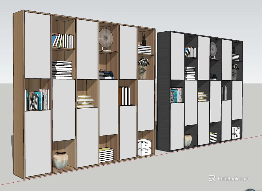 Modern Bookcase Design With Brown White Black Color Combinations And Books Decorative Items 3d model 