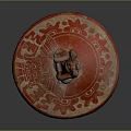 Ancient Red Ceramic Vessel With Carved Figure Lid Tripod Base And Decorative Patterns
