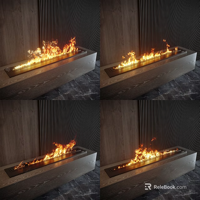 Modern Linear Fireplace With Burning Flames And Wooden Frame Design 3d model