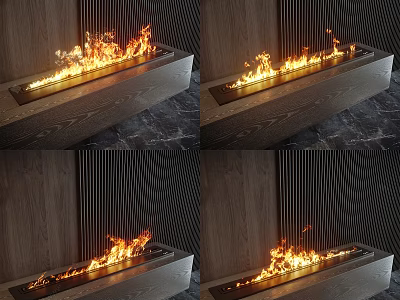 Modern Linear Fireplace With Burning Flames And Wooden Frame Design 3d model