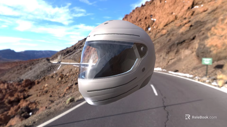 Gray Helmet on Mountain Road with Blue Sky and Reddish Brown Mountains 3d model 