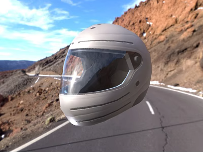 Gray Helmet on Mountain Road with Blue Sky and Reddish Brown Mountains 3d model
