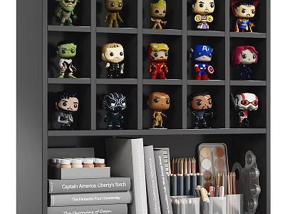 Decorative Figurine Set on Black Shelf with Collectible Figures Books Pencils and Art Supplies 3d model