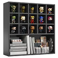 Decorative Figurine Set on Black Shelf with Collectible Figures Books Pencils and Art Supplies