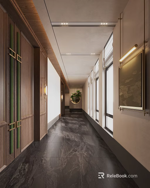 Elegant Modern Hotel Corridor Interior With Wooden Doors Wall Lights Marble Floor And Decorative Painting 3d model 