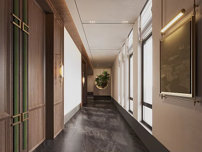 Elegant Modern Hotel Corridor Interior With Wooden Doors Wall Lights Marble Floor And Decorative Painting 3d model