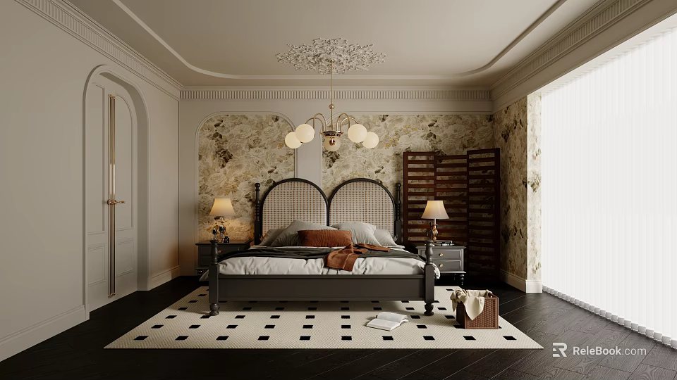 Elegant Bedroom Interior With Wicker Headboard Chandelier Floral Wallpaper And Black White Checkered Rug 3d model 