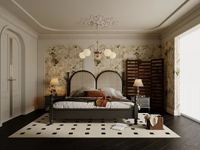 Elegant Bedroom Interior With Wicker Headboard Chandelier Floral Wallpaper And Black White Checkered Rug 3d model