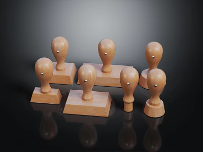 Multiple Wooden Stamps with Various Base Shapes and Reflections on Black Background 3d model