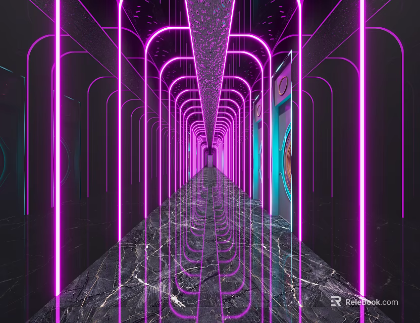 Modern KTV Corridor With Purple Neon Lights And Marble Floor Design 3d model 