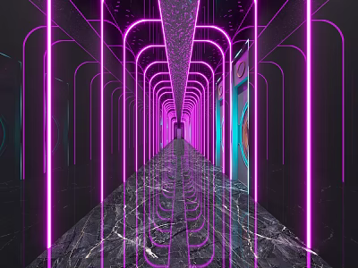 Modern KTV Corridor With Purple Neon Lights And Marble Floor Design 3d model