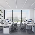 Modern Office Interior With Long Desks Computers Chairs And Window Blinds 3d model