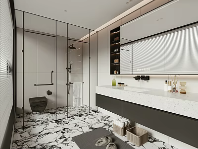 Modern Bathroom Interior With Glass Shower Toilet Marble Floor And Vanity Countertop 3d model
