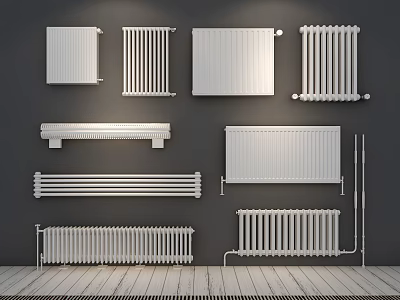 White Radiators In Various Styles Mounted On Grey Wall With Wooden Floor 3d model