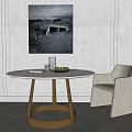 Modern Minimalist Dining Table Set With Round White Tabletop Wooden Legs Chair And Wall Art