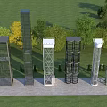 Various Elevator Structures Displayed in Outdoor Green Lawn and Trees 3d model