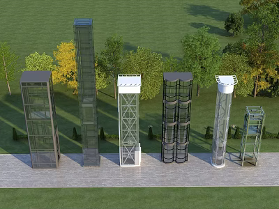 Various Elevator Structures Displayed in Outdoor Green Lawn and Trees 3d model