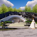 Modern Outdoor Event Plaza Space With Curved Building Tents Steps Trees And String Lights