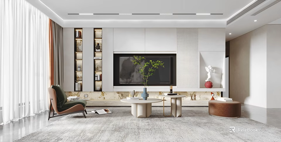 Modern Living Room Interior Design With TV Wall Storage Cabinets Green Plant And Coffee Table 3d model 