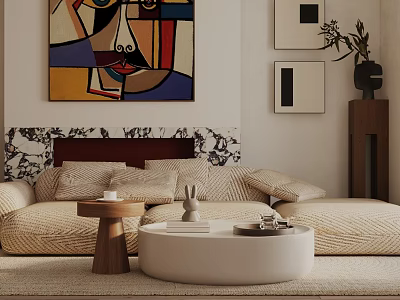 Stylish Three Seater Sofa With Pillows Round Coffee Table And Abstract Wall Art On Rug 3d model