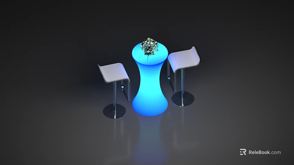 White Bar Stools With Blue Glowing Bar Table Decorative Top And Reflective Surface 3d model 