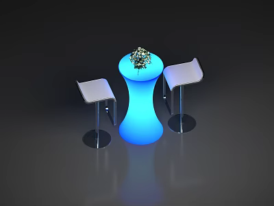 White Bar Stools With Blue Glowing Bar Table Decorative Top And Reflective Surface 3d model