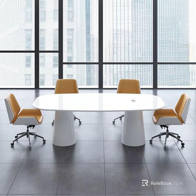 Modern White Conference Table With Orange Chairs And Large Windows In Contemporary Office 3d model 