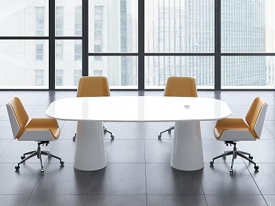 Modern White Conference Table With Orange Chairs And Large Windows In Contemporary Office 3d model