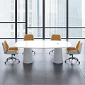Modern White Conference Table With Orange Chairs And Large Windows In Contemporary Office