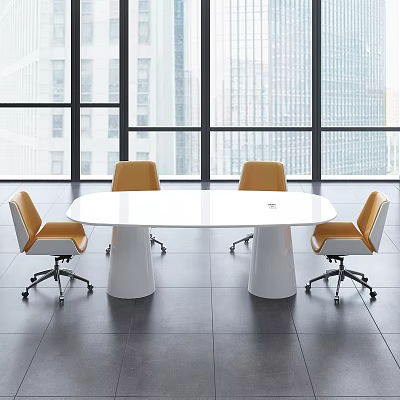 Modern White Conference Table With Orange Chairs And Large Windows In Contemporary Office 3d model