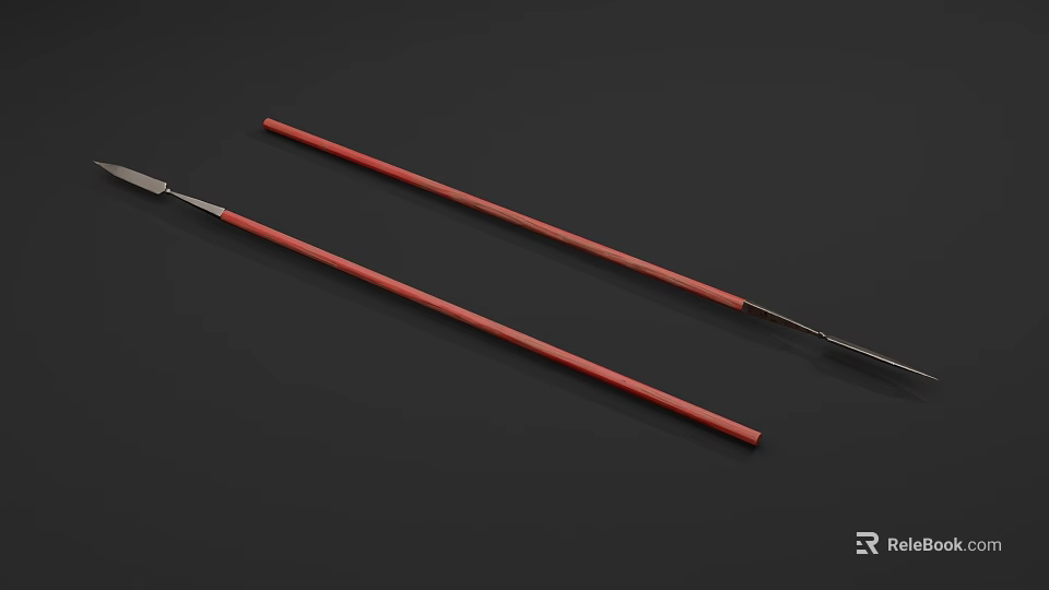 Two Red Long Pole Weapons With Sharp Metal Tips And Durable Handles 3d model 