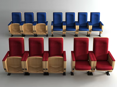 Public Chairs With Blue Red Upholstered Seats And Wooden Armrest Design 3d model