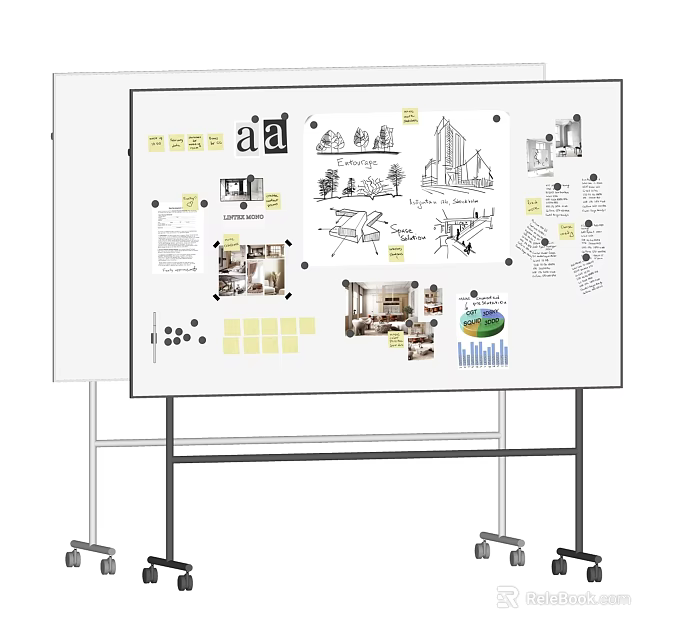 Musical Instruments and Art Supplies Whiteboard With Hand Drawn Sketches Designs Charts Photos Notes 3d model 