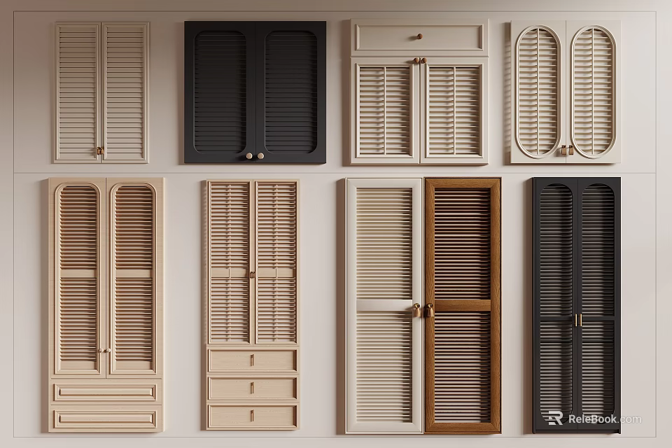 Various Stylish Wardrobe Doors With Louvered Paneled And Drawer Designs In Multiple Colors 3d model 