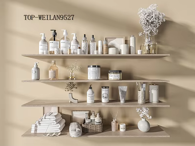 Stylish Perfume And Cosmetics Display On Wooden Shelves With Decorative Vases Dried Flowers And Towels 3d model
