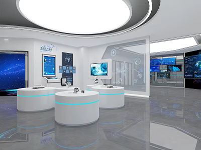 Modern Technology Exhibition Hall With Circular Display Platforms And Multiple Screens 3d model