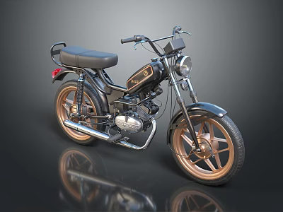 Vintage Black Motorcycle With Gold Wheels Single Seat Chrome Headlight And Exhaust Pipe 3d model