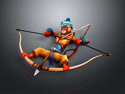 3D Monkey Warrior Character Drawing Bow In Orange Blue Outfit With Helmet 3d model