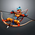 3D Monkey Warrior Character Drawing Bow In Orange Blue Outfit With Helmet
