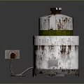 Rusted Metal Cylindrical Industrial Equipment with Top Lid and Connected Wire on Reflective Surface
