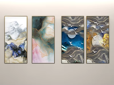 Modern Landscape Paintings With Mountain Bird Moon And Golden Lines For Home Wall Decor 3d model