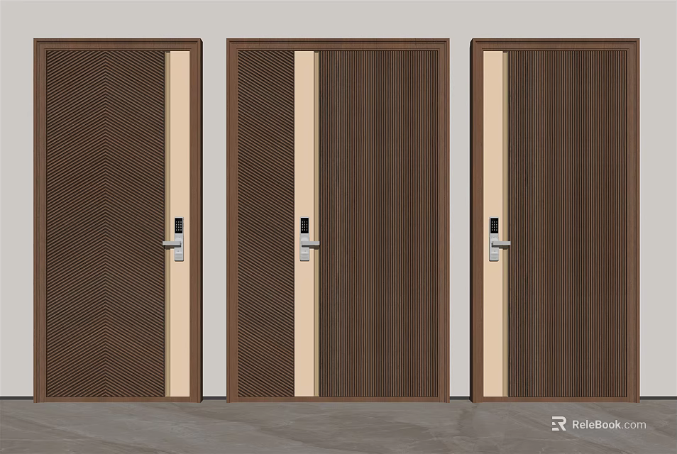Brown Textured Hinged Doors With Beige Vertical Strips And Door Handles 3d model 