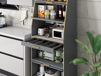 Modern Entryway Side Cabinet With Gray Drawers Shelves And Storage Containers 3d model