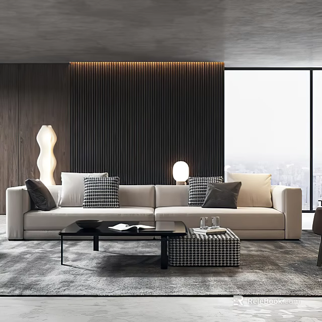 Modern Living Room Interior With Beige Sofa Checkered Cushions Black Coffee Table And City View 3d model 