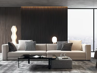Modern Living Room Interior With Beige Sofa Checkered Cushions Black Coffee Table And City View 3d model