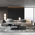 Modern Living Room Interior With Beige Sofa Checkered Cushions Black Coffee Table And City View