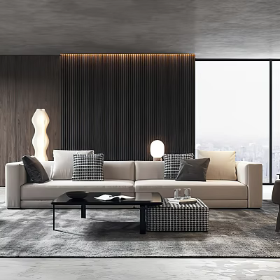 Modern Living Room Interior With Beige Sofa Checkered Cushions Black Coffee Table And City View 3d model