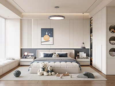 Modern Kids Room Interior Design With Bed Stuffed Toys Wall Art And Storage Cabinets 3d model
