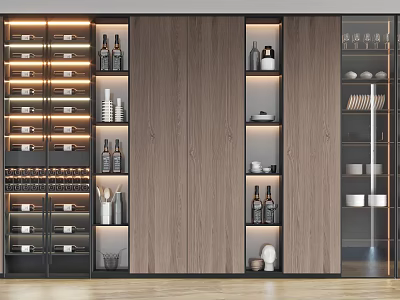 Modern Wooden Wine Cabinet With Glass Doors Layered Shelves And Built-in Lighting 3d model